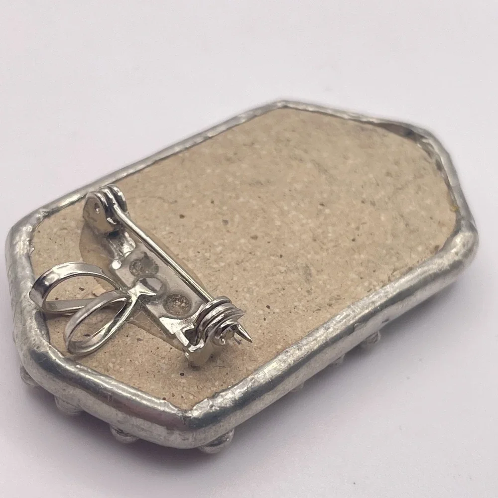 Vintage Artisan Ceramic Pottery Brooch Pendant Combo Brutalist Silver Tone Pin